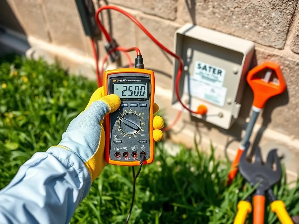 A technician diagnosing a sprinkler system issue with a digital multimeter, highlighting the use of advanced technology in sprinkler repair services.