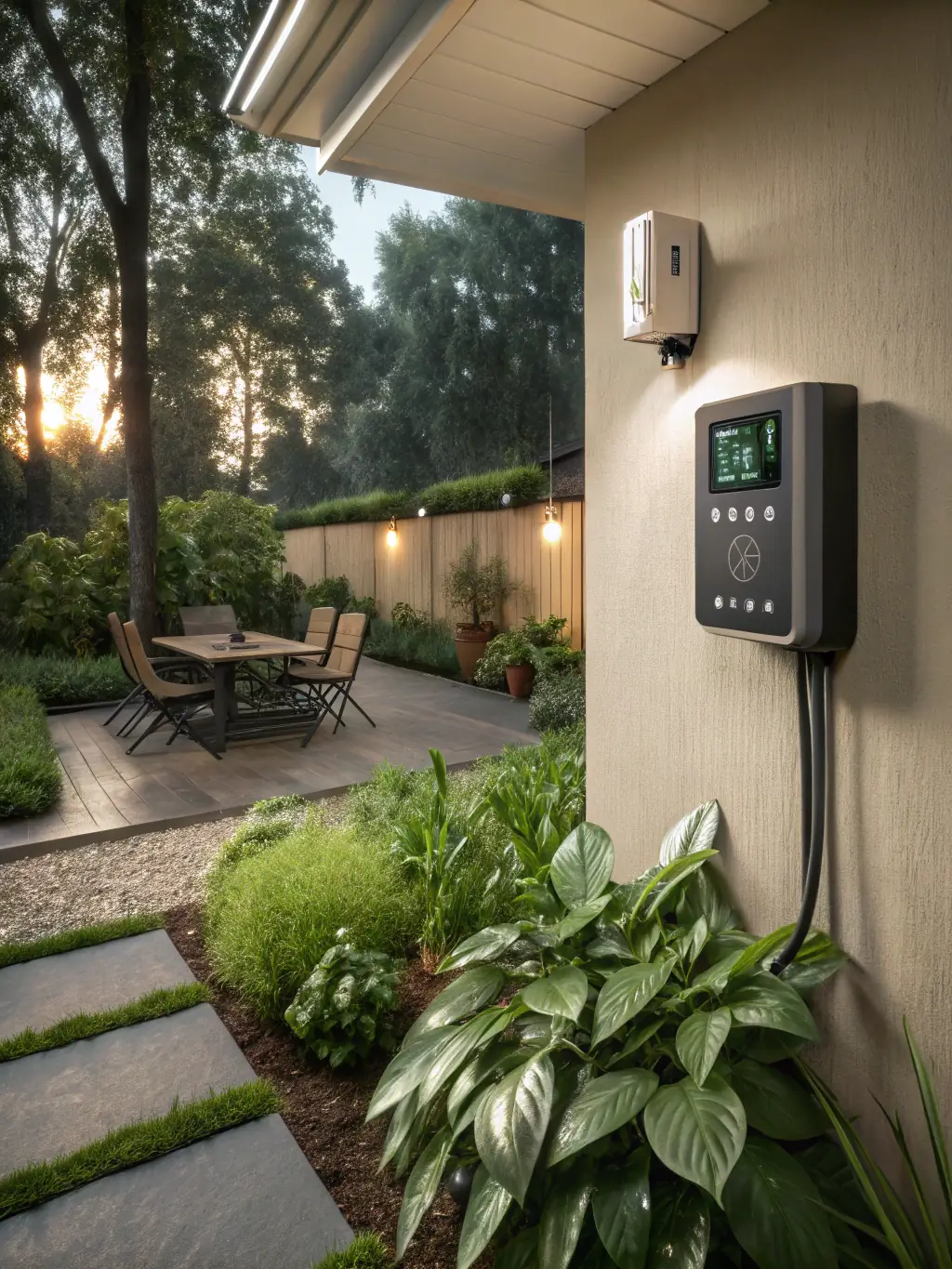 A close-up of a smart sprinkler controller installed in a residential garage, highlighting its user-friendly interface and advanced features. The image should emphasize the convenience and water-saving benefits of smart technology.