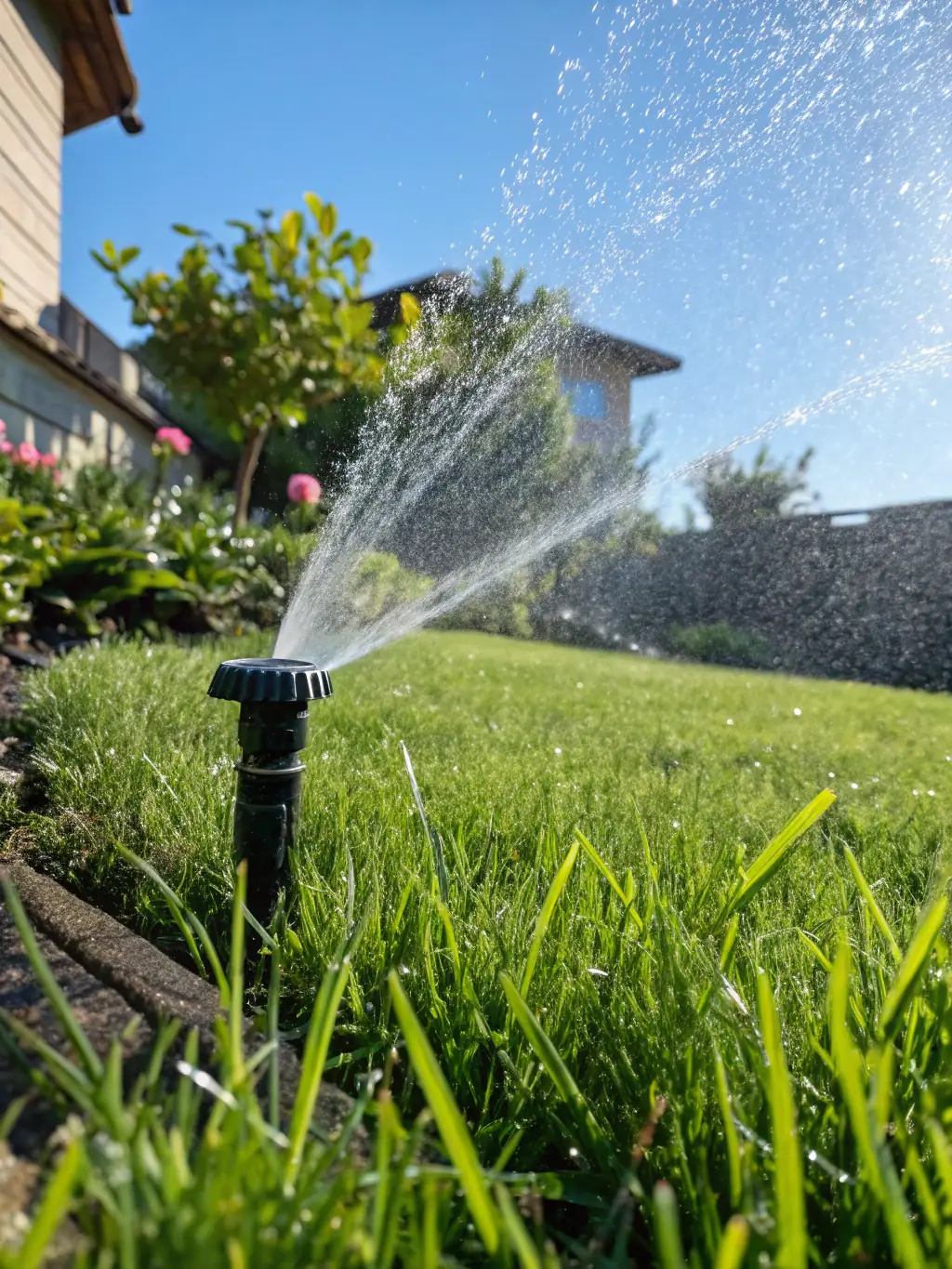 A well-manicured residential lawn with a sprinkler system in operation, showcasing even water distribution and healthy grass. The image should convey the beauty and efficiency of a professionally installed residential sprinkler system.