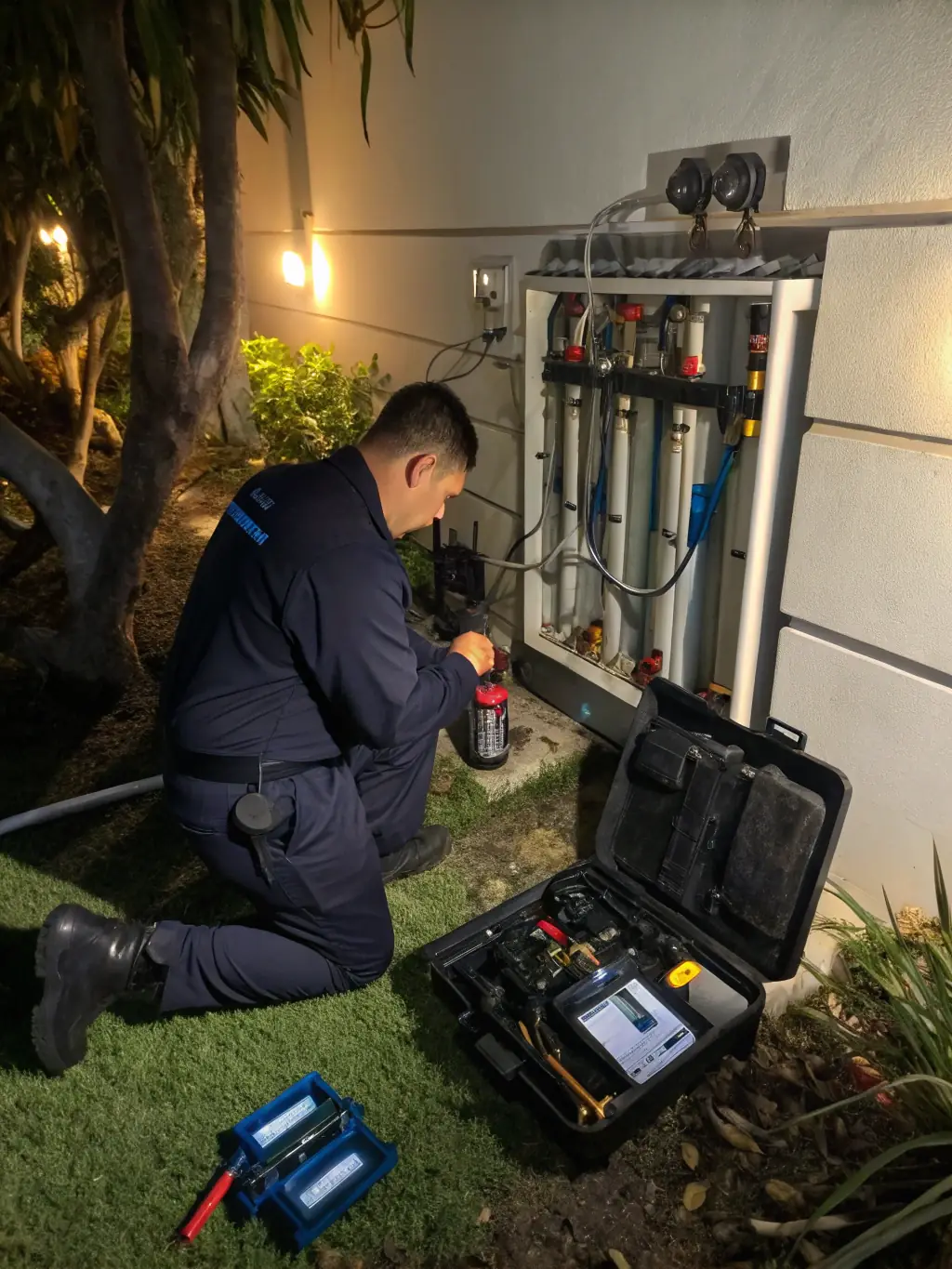 A technician from Flow Irrigation performing a sprinkler system inspection on a commercial property, using professional tools and equipment. The image should convey expertise and attention to detail.