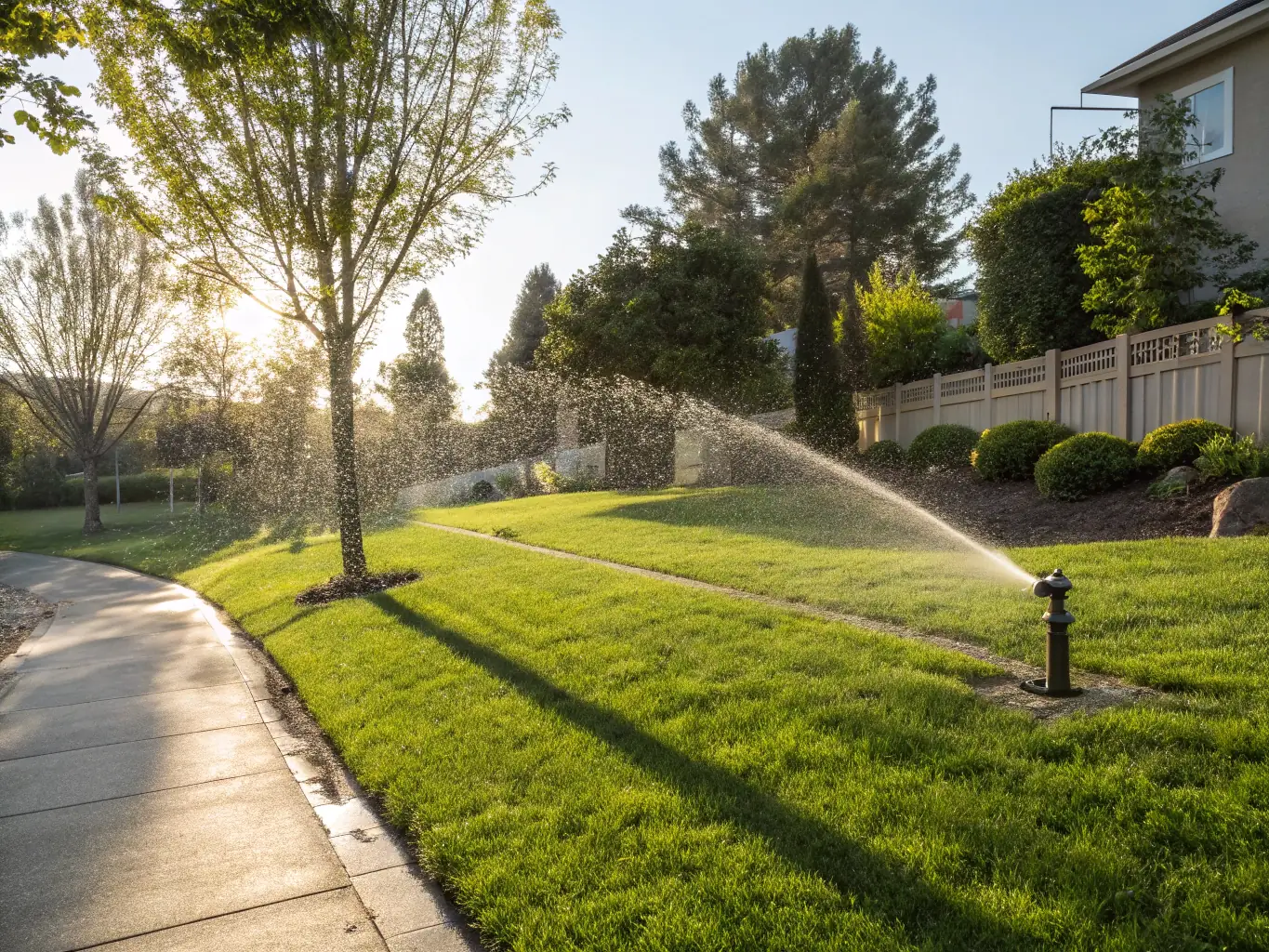A newly installed sprinkler system is pictured in a commercial property, showcasing even water distribution across the lawn.