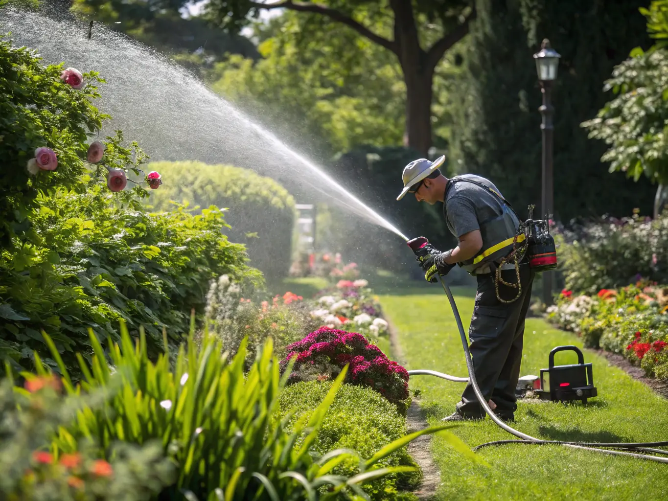A Flow Irrigation technician is performing routine maintenance on a sprinkler system, checking for any potential issues and ensuring optimal performance.