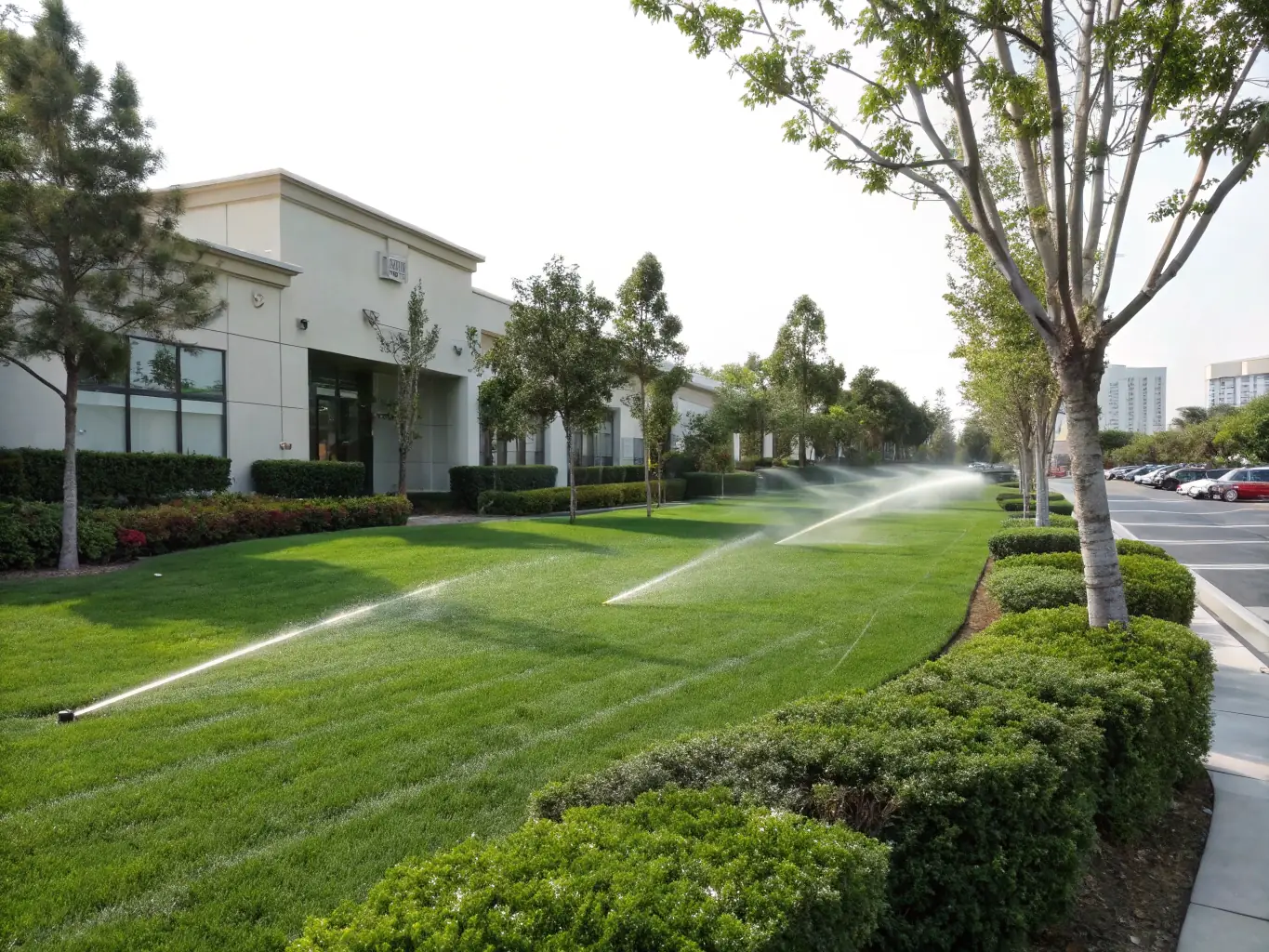 An image depicting a newly installed sprinkler system in a residential lawn, showcasing even water distribution and a vibrant, green landscape.
